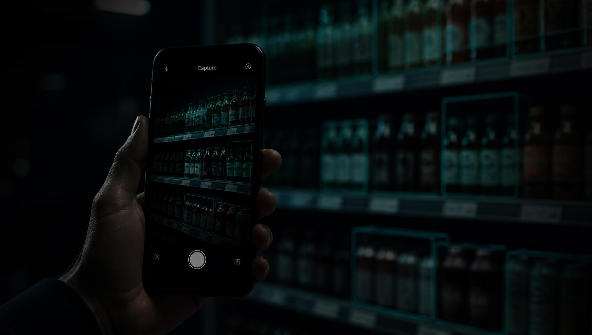 Field worker photographing a retail shelf with AI detection overlays